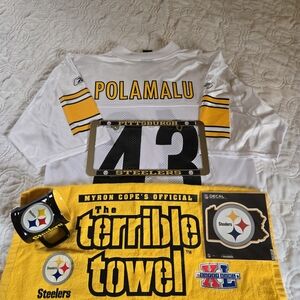 Polamalu #43 White & Gold Jersey with Terrible Towel Fan Bundle